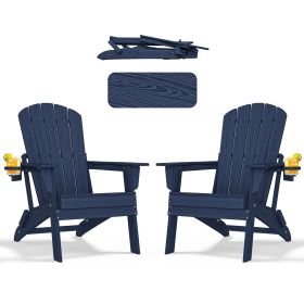 HDPE Folding Adirondack chair with Cup Holder, 2Pack (Color: Navy Blue)
