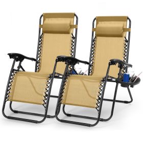 2Packs Zero Gravity Lounge Chair w/ Dual Side Tray 330lbs Load Foldable Recliner Chair w/ Stress Relief Pillow Patio Poolside Beach Lying Chair (Option: ChgyChairs(Tan)